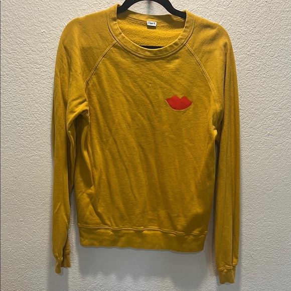 Clare V Sweaters - Clare V. Mustard Yellow Crew Neck Sweatshirt with Red Lips